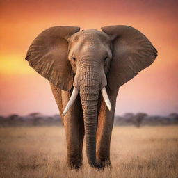 A majestic elephant set against the backdrop of a vibrant sunset in the African savannah, its great tusks shining in the evening light.