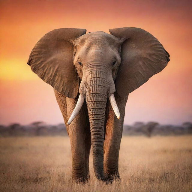 A majestic elephant set against the backdrop of a vibrant sunset in the African savannah, its great tusks shining in the evening light.