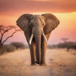 A majestic elephant set against the backdrop of a vibrant sunset in the African savannah, its great tusks shining in the evening light.