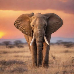 A majestic elephant set against the backdrop of a vibrant sunset in the African savannah, its great tusks shining in the evening light.