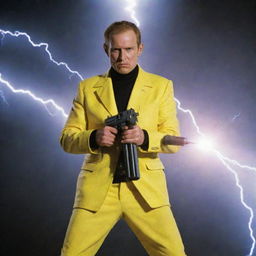 A man dressed in yellow holding a lightning-emitting gun