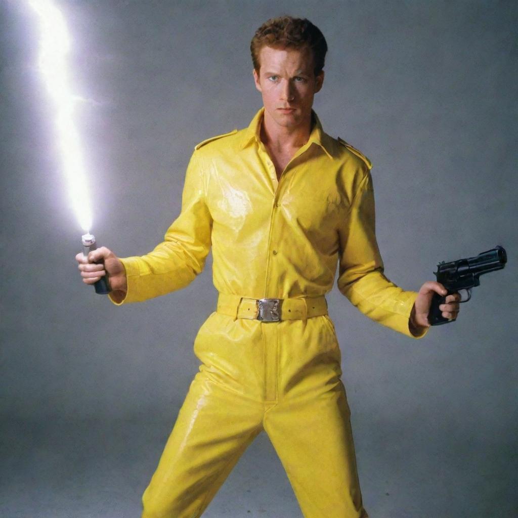 A man dressed in yellow holding a lightning-emitting gun