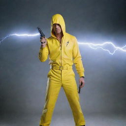 A man dressed in yellow holding a lightning-emitting gun