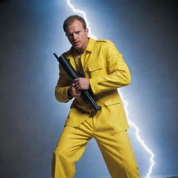 A man dressed in yellow holding a lightning-emitting gun