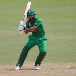 Babar Azam, dressed in a Bangladesh Cricket League uniform, in mid-action during a vibrant, sunny game on a detailed, bustling field