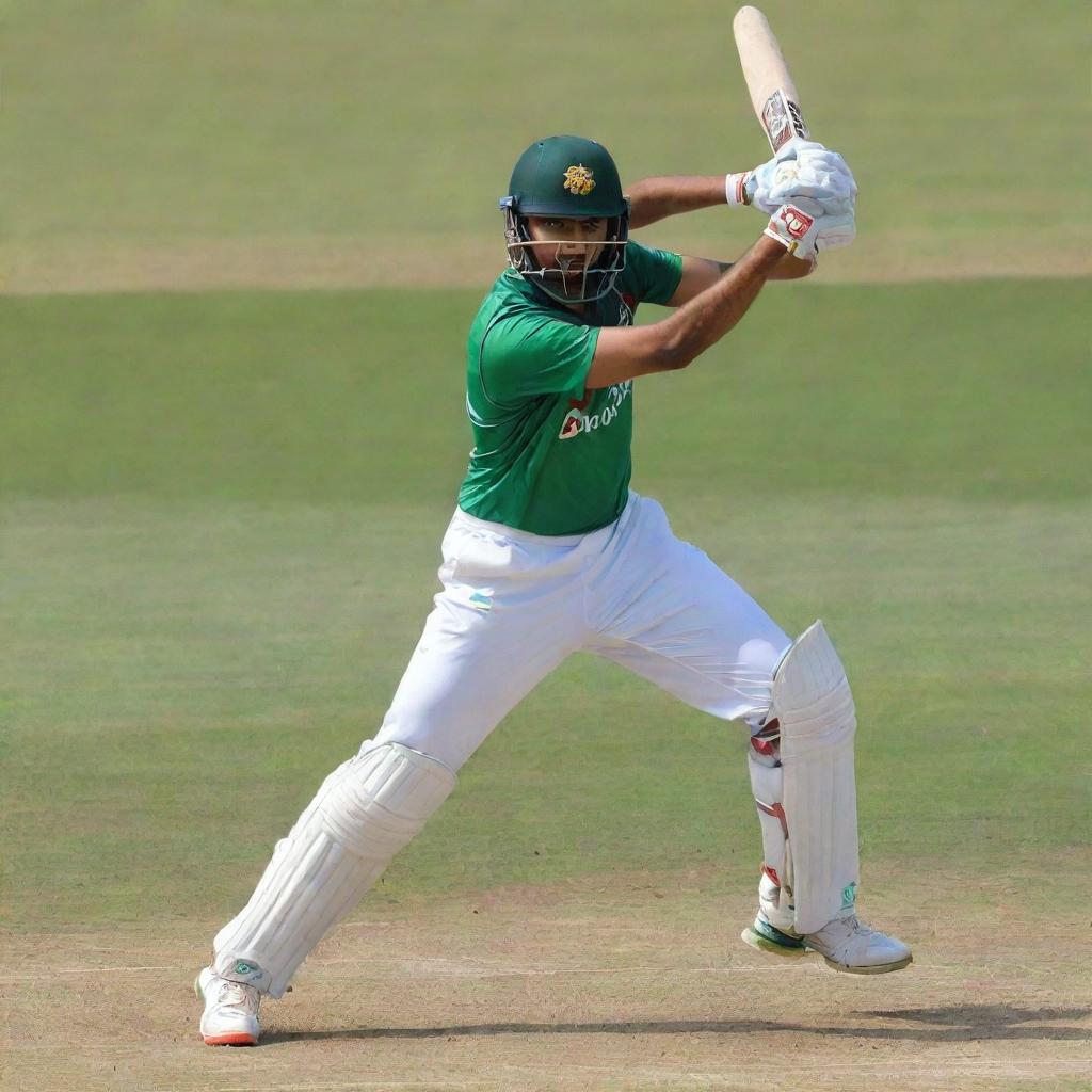 Babar Azam, dressed in a Bangladesh Cricket League uniform, in mid-action during a vibrant, sunny game on a detailed, bustling field