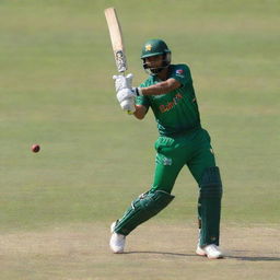 Babar Azam, dressed in a Bangladesh Cricket League uniform, in mid-action during a vibrant, sunny game on a detailed, bustling field