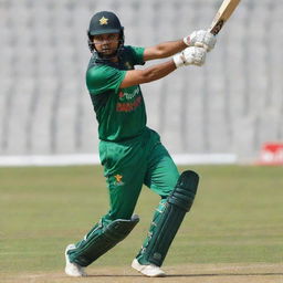 Babar Azam, dressed in a Bangladesh Cricket League uniform, in mid-action during a vibrant, sunny game on a detailed, bustling field