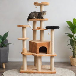 A large, lively cat tree featuring multiple levels, scratching posts and platforms. It is adorned with playful cats of different breeds and colors