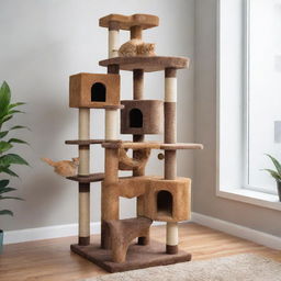 A large, lively cat tree featuring multiple levels, scratching posts and platforms. It is adorned with playful cats of different breeds and colors