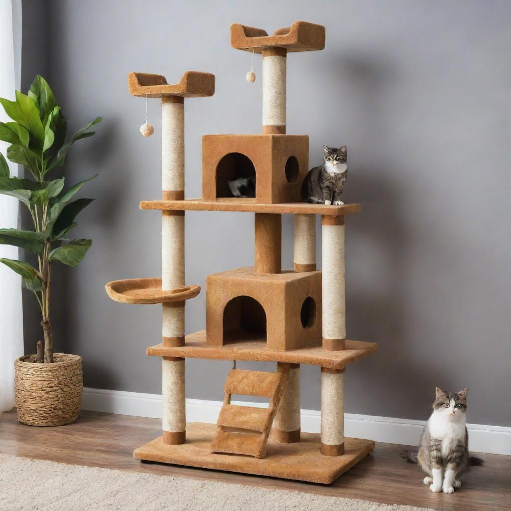 A large, lively cat tree featuring multiple levels, scratching posts and platforms. It is adorned with playful cats of different breeds and colors