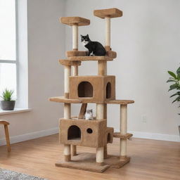 A large, lively cat tree featuring multiple levels, scratching posts and platforms. It is adorned with playful cats of different breeds and colors