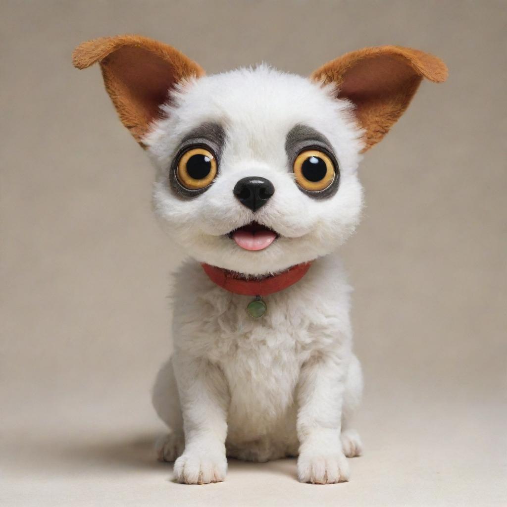 A whimsical, Studio Ghibli-style dog with expressive eyes and playful demeanor.