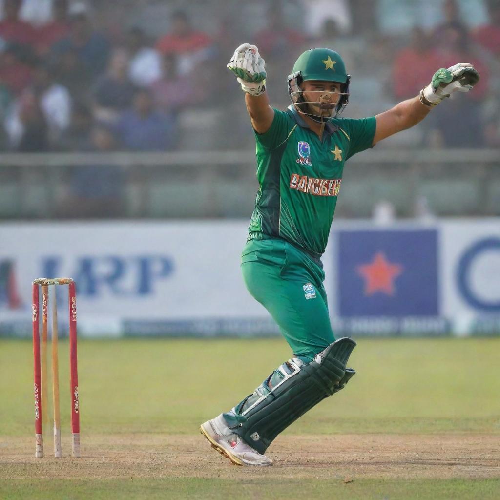 A vivid action scene from the Bangladesh Cricket League 2024 featuring a prominent Pakistani player mid-match