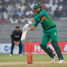 A vivid action scene from the Bangladesh Cricket League 2024 featuring a prominent Pakistani player mid-match