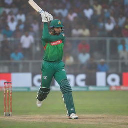 A vivid action scene from the Bangladesh Cricket League 2024 featuring a prominent Pakistani player mid-match