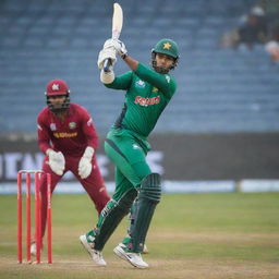 A vivid action scene from the Bangladesh Cricket League 2024 featuring a prominent Pakistani player mid-match