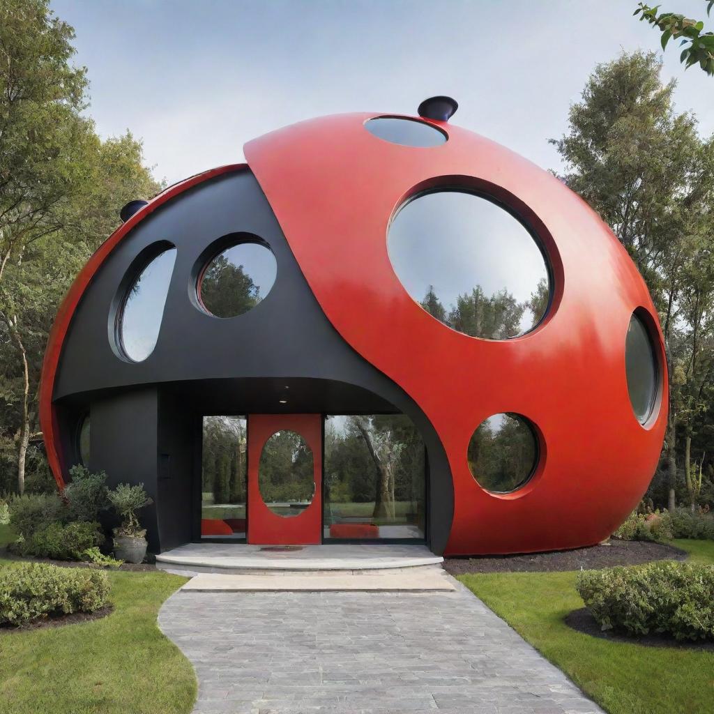 A charming house designed to resemble a ladybug, with round shapes and bold red and black color scheme.