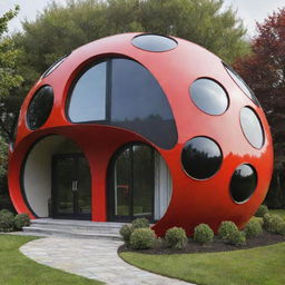 A charming house designed to resemble a ladybug, with round shapes and bold red and black color scheme.