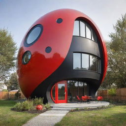 A charming house designed to resemble a ladybug, with round shapes and bold red and black color scheme.