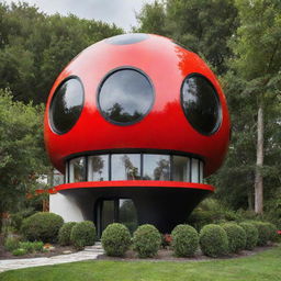 A charming house designed to resemble a ladybug, with round shapes and bold red and black color scheme.