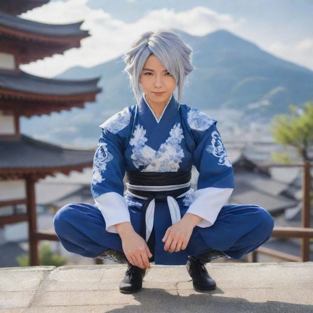 Raiden Shogun from Genshin Impact squatting in her traditional attire against a serene backdrop of Inazuma City.