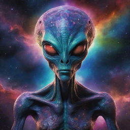 Intricately detailed alien entity with vibrant colours on a cosmic, star-studded background