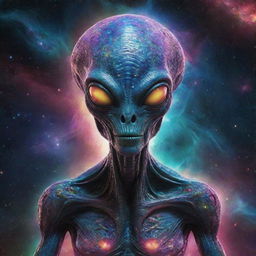 Intricately detailed alien entity with vibrant colours on a cosmic, star-studded background