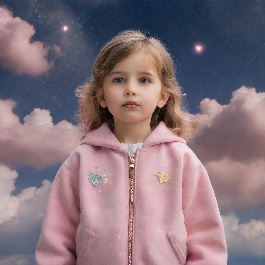 A charming little girl, adorned in a pink jacket and heart-shaped earrings, standing serenely amid the vast expanse of the celestial heavens.