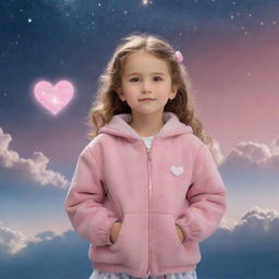 A charming little girl, adorned in a pink jacket and heart-shaped earrings, standing serenely amid the vast expanse of the celestial heavens.