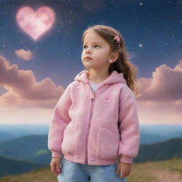 A charming little girl, adorned in a pink jacket and heart-shaped earrings, standing serenely amid the vast expanse of the celestial heavens.