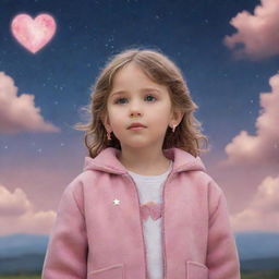 A charming little girl, adorned in a pink jacket and heart-shaped earrings, standing serenely amid the vast expanse of the celestial heavens.