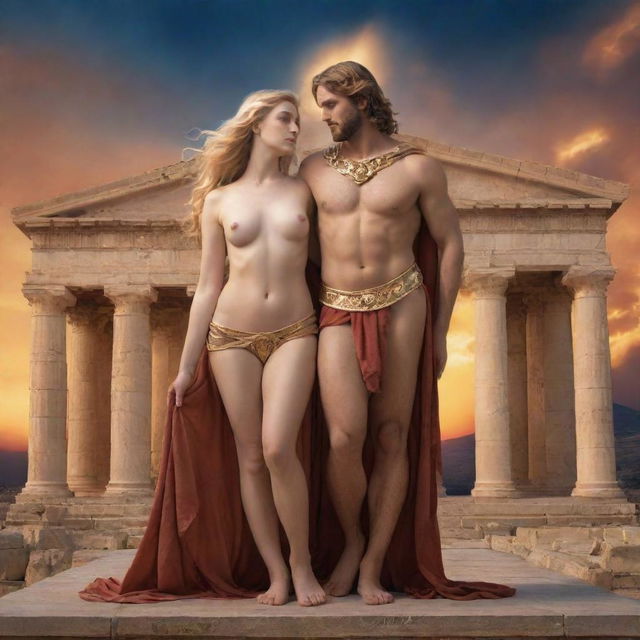 A beautiful illustration of Aphrodite, the goddess of love and beauty, standing with Hephaestus, the god of fire and forge in Greek mythology, in a celestial setting with Greco-Roman architecture.