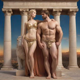 A beautiful illustration of Aphrodite, the goddess of love and beauty, standing with Hephaestus, the god of fire and forge in Greek mythology, in a celestial setting with Greco-Roman architecture.