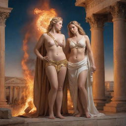 A beautiful illustration of Aphrodite, the goddess of love and beauty, standing with Hephaestus, the god of fire and forge in Greek mythology, in a celestial setting with Greco-Roman architecture.