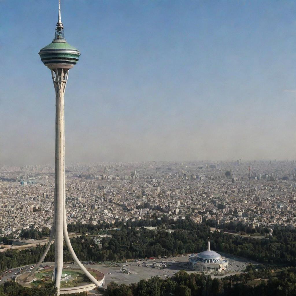 Create a visual comparison between the Milad Tower in Tehran and a traditional hookah side by side