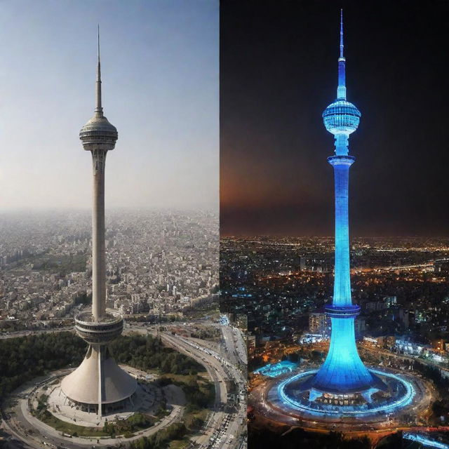 Create a visual comparison between the Milad Tower in Tehran and a traditional hookah side by side