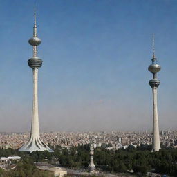 Create a visual comparison between the Milad Tower in Tehran and a traditional hookah side by side