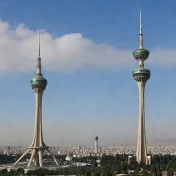 Create a visual comparison between the Milad Tower in Tehran and a traditional hookah side by side