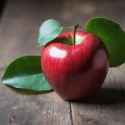 A ripe, glossy red apple with a green leaf attached to the stem, sitting on a rustic wooden table.