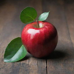 A ripe, glossy red apple with a green leaf attached to the stem, sitting on a rustic wooden table.