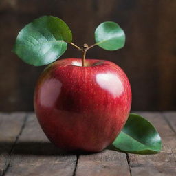 A ripe, glossy red apple with a green leaf attached to the stem, sitting on a rustic wooden table.