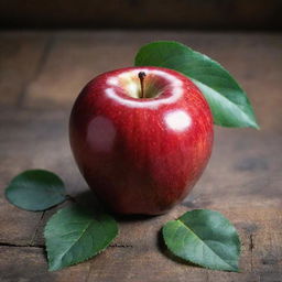 A ripe, glossy red apple with a green leaf attached to the stem, sitting on a rustic wooden table.