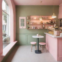 A cozy cafe interior with a charming pastel pink and olive green color scheme, brimming with quaint charm and warm ambiance.