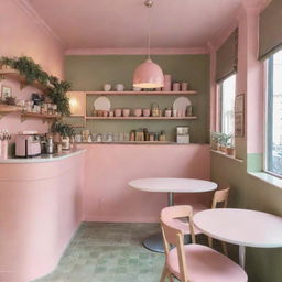 A cozy cafe interior with a charming pastel pink and olive green color scheme, brimming with quaint charm and warm ambiance.