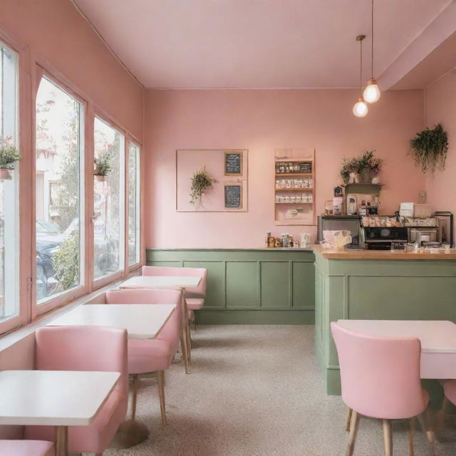 A cozy cafe interior with a charming pastel pink and olive green color scheme, brimming with quaint charm and warm ambiance.