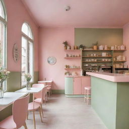 A cozy cafe interior with a charming pastel pink and olive green color scheme, brimming with quaint charm and warm ambiance.