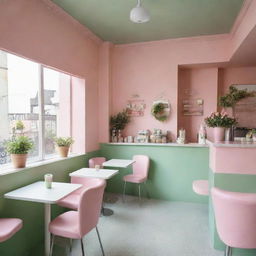 A welcoming cafe, bathed in soft pastel pink and fresh green hues, creating a calming and delightful atmosphere.