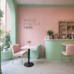 A welcoming cafe, bathed in soft pastel pink and fresh green hues, creating a calming and delightful atmosphere.