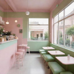 A welcoming cafe, bathed in soft pastel pink and fresh green hues, creating a calming and delightful atmosphere.